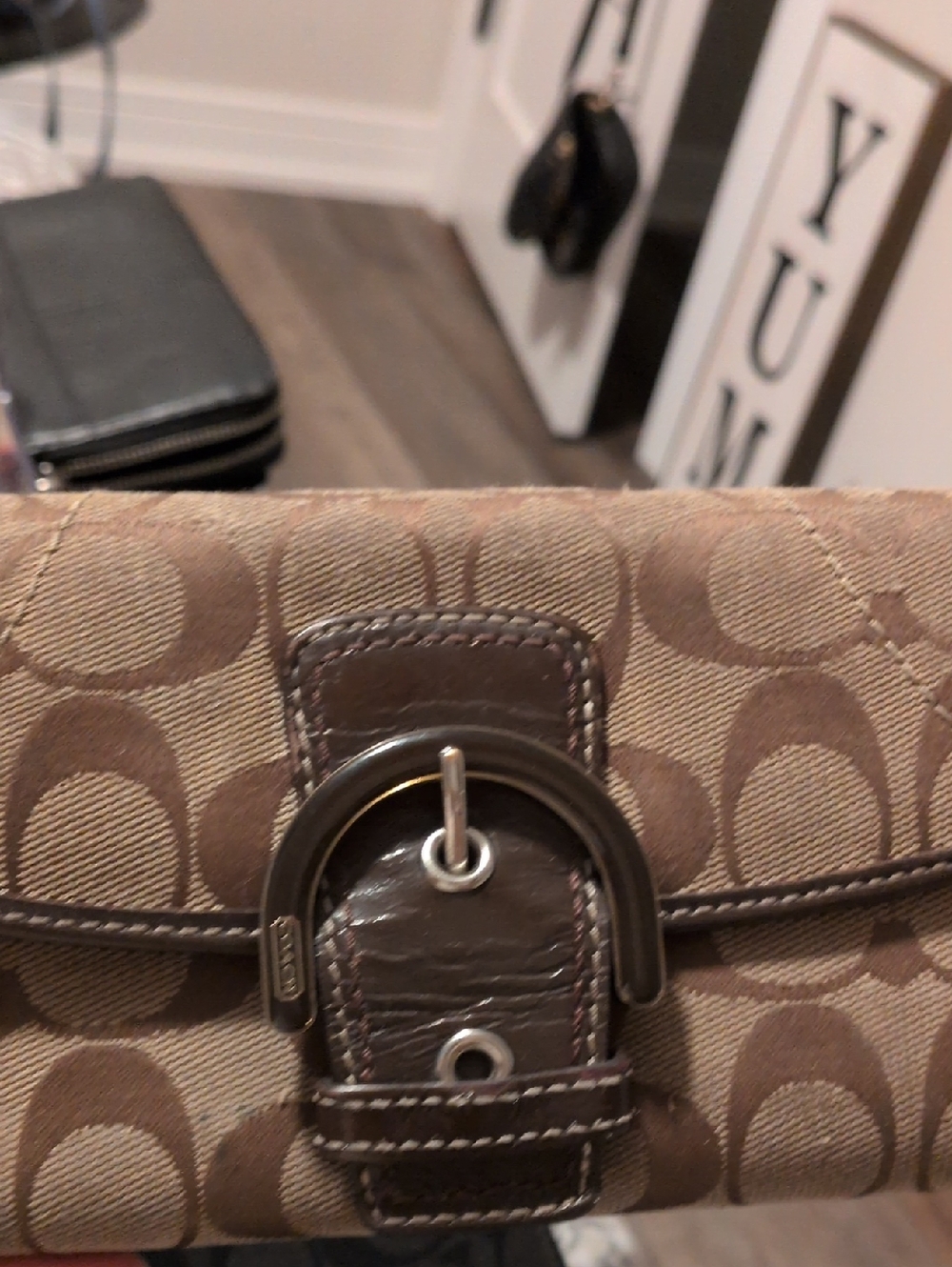 Coach Brown Signature Canvas Wallet with Dark Brown Leather Trim
